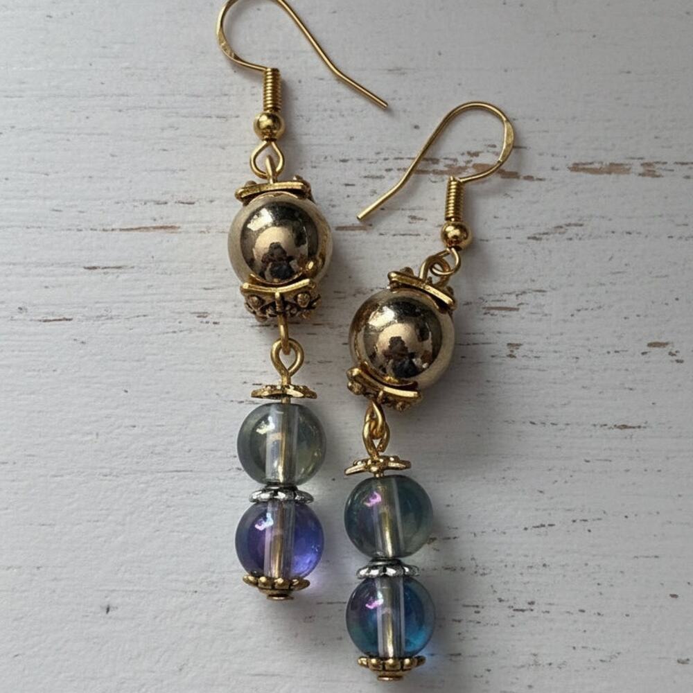 Handmade Earrings Elegant Gold & Iridescent Dangles Futuristic Glam